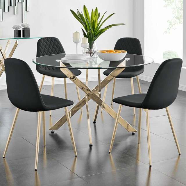 Furniturebox Arona Solara 4 Seater Round Dining Set Gold and Black - Wilko - image 1