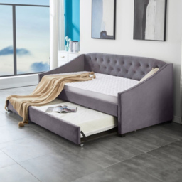 Portland Single Grey Velvet Tufted Day Bed with Trundle and 2 Mattress - Wilko