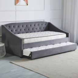 Portland Single Grey Velvet Tufted Day Bed with Trundle and 2 Mattress - Wilko - thumbnail 3