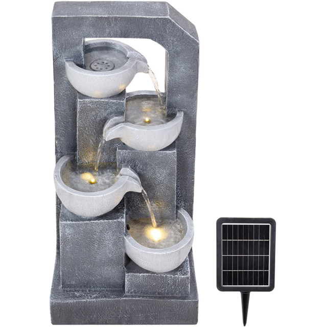 Living and Home 4-Tier Stone Effect Cascading Bowl Solar LED Water Feature - Size: 66 x 32 x 23cm - Grey - Wilko - image 1