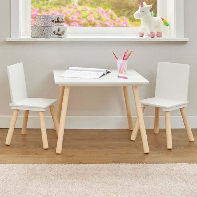 Liberty House Toys Kids White and Pinewood Table and Chairs - Size: 44 x 60 x 60cm - Wilko