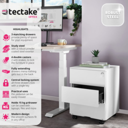 tectake Magna 3 Drawers White Lockable Chest of Drawers - Wilko - thumbnail 6