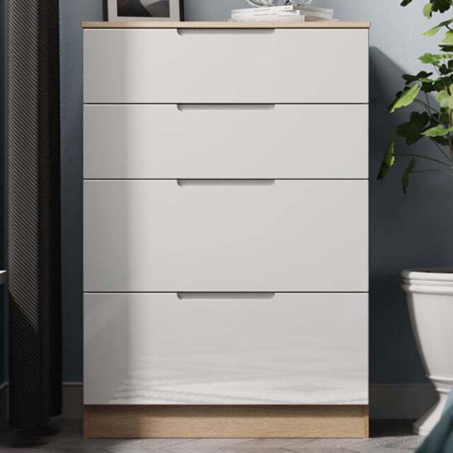 Crowndale Milan 4 Drawer White Gloss and Bardolino Oak Deep Chest of Drawers Ready Assembled - White Gloss & Bardolino Oak - Wilko - image 1