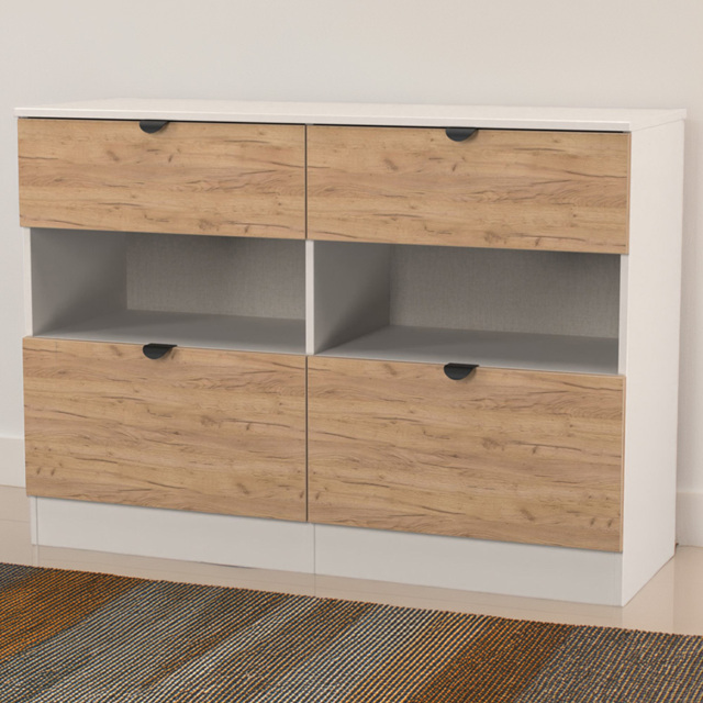 Crowndale Bora 4 Drawer 2 Shelf Gold Oak and Kashmir Wide Midi Chest - Cream - Wilko - image 1