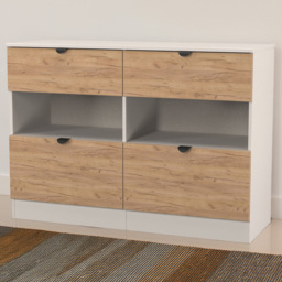 Crowndale Bora 4 Drawer 2 Shelf Gold Oak and Kashmir Wide Midi Chest - Cream - Wilko