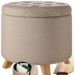 tectake Suna Sand Linen Look Padded Round Stool with Storage - Size: 41.5 x 44.5 x 44.5cm - Yellow - Wilko - thumbnail 3