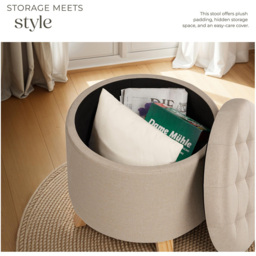 tectake Suna Sand Linen Look Padded Round Stool with Storage - Size: 41.5 x 44.5 x 44.5cm - Yellow - Wilko - thumbnail 5