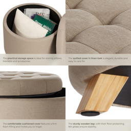 tectake Suna Sand Linen Look Padded Round Stool with Storage - Size: 41.5 x 44.5 x 44.5cm - Yellow - Wilko - thumbnail 6