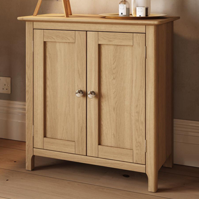 FWStyle Taberno 2 Door Natural Lacquered Oak Compact Sideboard - Size: 67 x 65 x 33cm - Natural Oak - Wilko - image 1