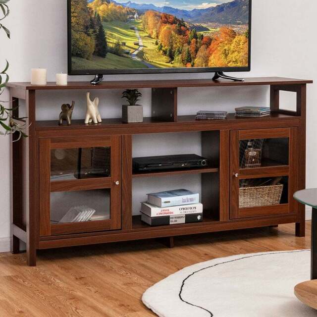 Costway 2 Door 4 Shelf Brown Wooden TV Unit - Size: 163 x 50 x 19cm - Wilko - image 1