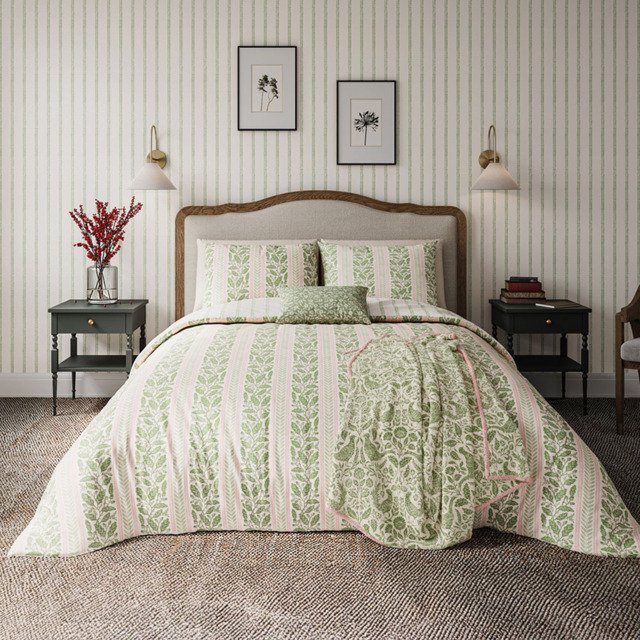 Helena Springfield Single Green and Pink Oak Stripe Duvet Set - Green / Pink - Wilko - image 1