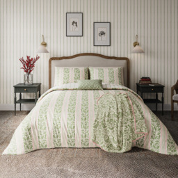 Helena Springfield Single Green and Pink Oak Stripe Duvet Set - Green / Pink - Wilko