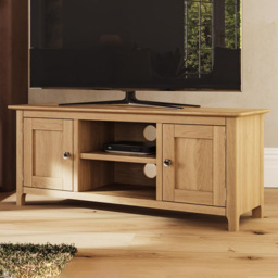 FWStyle Taberno 2 Door 2 Shelf Natural Lacquered Oak Wide TV Unit - Size: 44 x 110 x 35cm - Natural Oak - Wilko - thumbnail 1