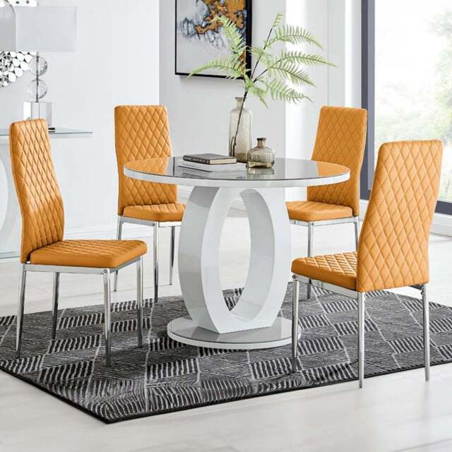 Furniturebox Lucia Valera 4 Seater Round Dining Set Grey Gloss Mustard Yellow and Chrome - Wilko - image 1