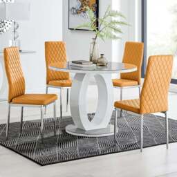 Furniturebox Lucia Valera 4 Seater Round Dining Set Grey Gloss Mustard Yellow and Chrome - Wilko - thumbnail 1