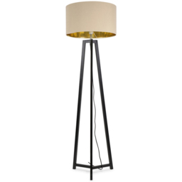 ValueLights Lottie Beige and Gold Drum Shade Black Wood Tripod LED Floor Lamp - Size: 148 x 45 x 45cm - Wilko