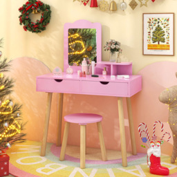 Costway Kids Light Pink Vanity Table and Stool Set with Square Mirror and Storage Shelf - Size: 70 x 37 x 100cm - Wilko - thumbnail 4
