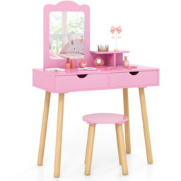 Costway Kids Light Pink Vanity Table and Stool Set with Square Mirror and Storage Shelf - Size: 70 x 37 x 100cm - Wilko - thumbnail 3