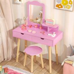 Costway Kids Light Pink Vanity Table and Stool Set with Square Mirror and Storage Shelf - Size: 70 x 37 x 100cm - Wilko