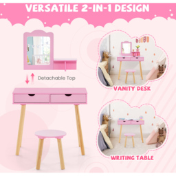 Costway Kids Light Pink Vanity Table and Stool Set with Square Mirror and Storage Shelf - Size: 70 x 37 x 100cm - Wilko - thumbnail 5