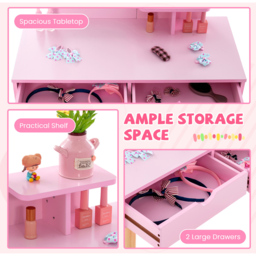 Costway Kids Light Pink Vanity Table and Stool Set with Square Mirror and Storage Shelf - Size: 70 x 37 x 100cm - Wilko - thumbnail 6