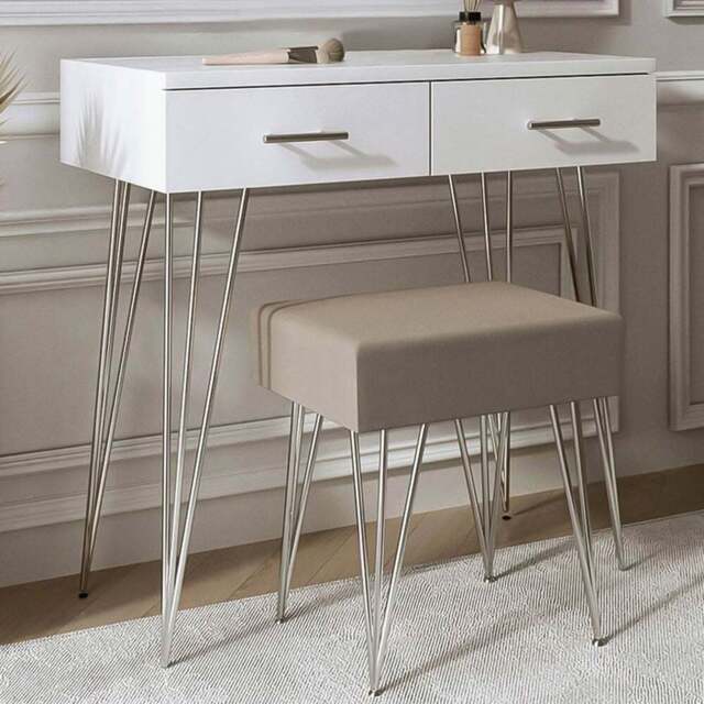 CARME Home Olivia 2 Drawer White Dressing Table and Padded Stool Set - Size: 36 x 47 x 98cm - Wilko - image 1