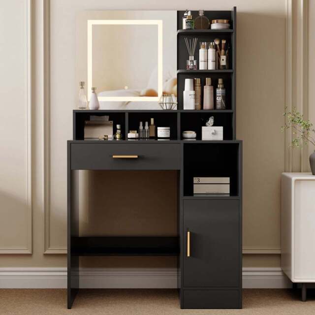 Brooklyn Truro Single Door Single Drawer 7 Shelf Black Adjustable Dressing Table with LED Mirror - Size: 140 x 80 x 40cm - Wilko - image 1