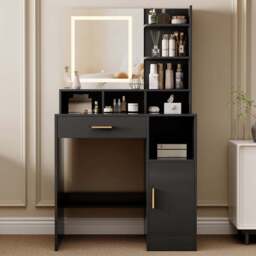 Brooklyn Truro Single Door Single Drawer 7 Shelf Black Adjustable Dressing Table with LED Mirror - Size: 140 x 80 x 40cm - Wilko