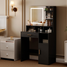 Brooklyn Truro Single Door Single Drawer 7 Shelf Black Adjustable Dressing Table with LED Mirror - Size: 140 x 80 x 40cm - Wilko - thumbnail 4