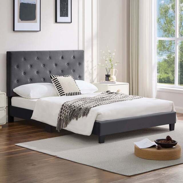 Furniture One King Size Green Upholstered Bed Frame with Adjustable Tufted Headboard - Grey - Wilko - image 1