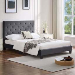 Furniture One King Size Green Upholstered Bed Frame with Adjustable Tufted Headboard - Grey - Wilko