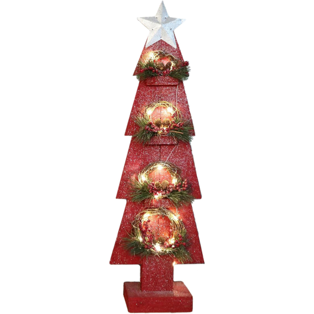 Shatchi Red Wooden Tree LED Christmas Decoration with Berries and Pines - Size: 80 x 12 x 10cm - Wilko - image 1