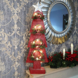 Shatchi Red Wooden Tree LED Christmas Decoration with Berries and Pines - Size: 80 x 12 x 10cm - Wilko - thumbnail 4