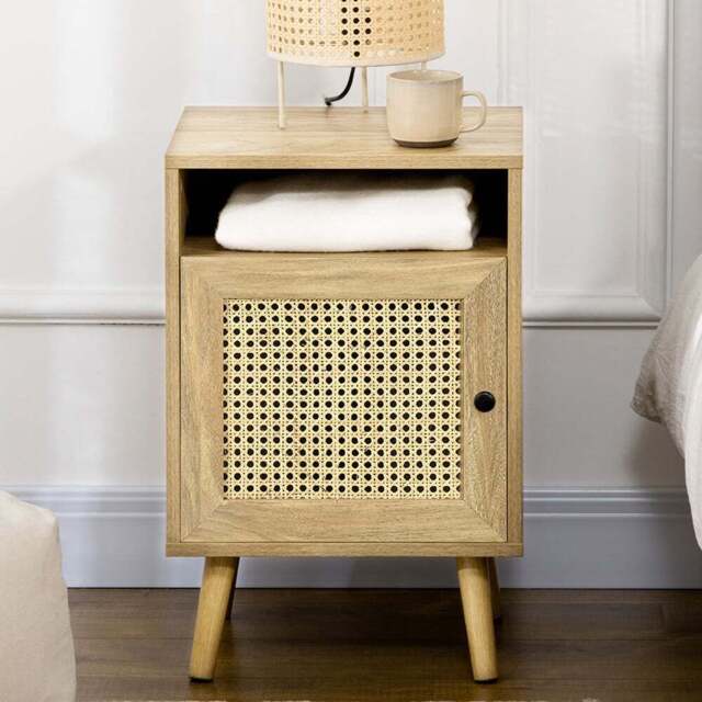 Portland Single Door Natural Rattan Bedside Table Set of 2 - Brown - Wilko - image 1