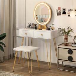 Costway White Vanity Desk Set with LED Mirror and Cushioned Stool - Size: 80 x 40 x 137cm - Wilko