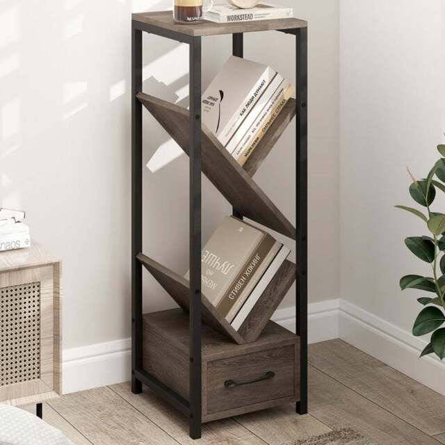 Costway 4 Tier Single Drawer Grey Floor Standing Tree Bookshelf - Size: 30 x 30 x 92cm - Wilko - image 1