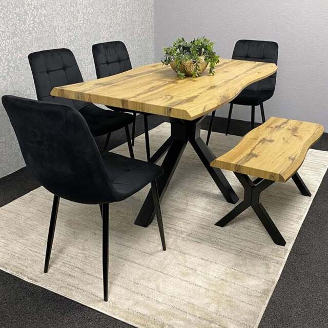 Kosy Koala 6 Seater Velvet Wooden Rectangle Dining Set with Bench Black - Multi - Wilko - image 1