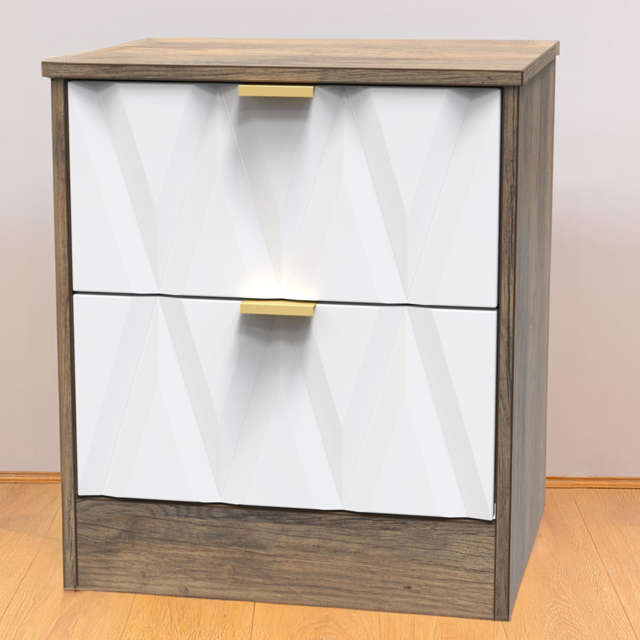 Crowndale Las Vegas 2 Drawer Matt White and Vintage Oak Bedside Table Ready Assembled - Wilko - image 1