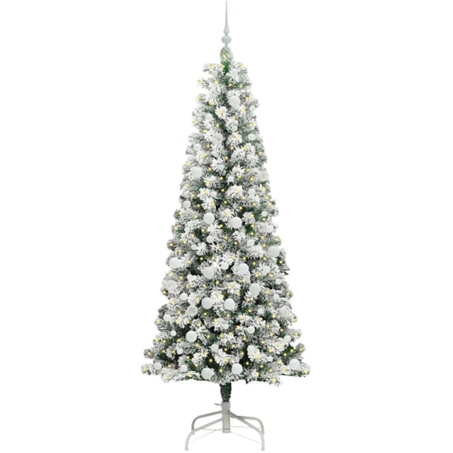 vidaXL Pre-Lit Warm White LED and White Baubles Snow Flocked Artificial Christmas Tree 6.8ft - Green - Wilko - image 1