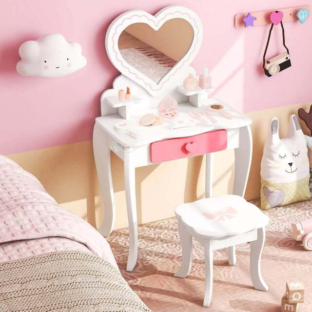 Costway White Kids Vanity Table and Stool - Size: 50 x 30 x 82cm - Wilko - image 1