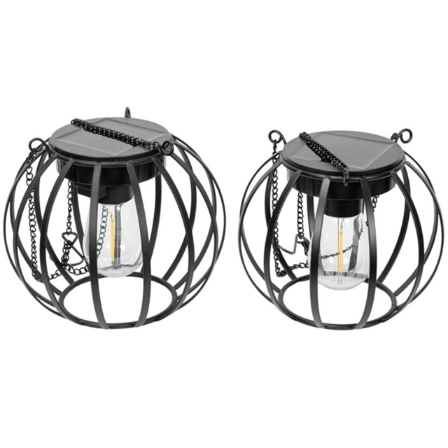ValueLights Black Metal Ball Solar Powered Outdoor Garden Lantern Light 2 Pack - Size: 33 x 14 x 14cm - Wilko - image 1