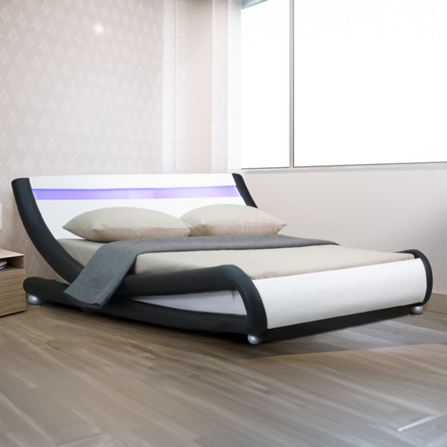 Brooklyn Italian Designer Double Size Black and White Faux Leather Bed Frame with LED - Multi - Wilko - image 1
