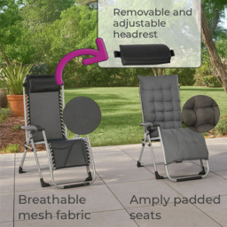 Neo Zero Gravity Dark Grey Reclining Sun Lounger with Padded Cushions Set of 2 - Size: 160 x 67.5 x 109cm - Wilko - thumbnail 6