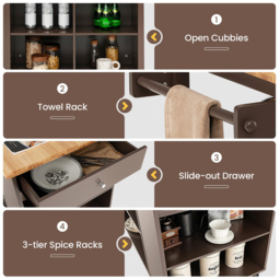 Costway Single Drawer 5 Shelf 4 Cube Brown Rubberwood Top Mobile Serving Trolley Cart - Size: 116.5 x 60 x 98.5cm - Wilko - thumbnail 6