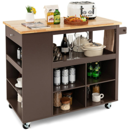 Costway Single Drawer 5 Shelf 4 Cube Brown Rubberwood Top Mobile Serving Trolley Cart - Size: 116.5 x 60 x 98.5cm - Wilko
