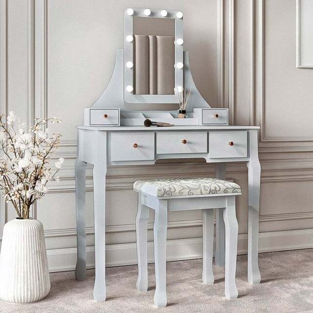 CARME Home Arianna 5 Drawer Grey Hollywood Mirror Light Deluxe Dressing Table - Size: 46 x 88.5 x 45.5cm - Wilko - image 1