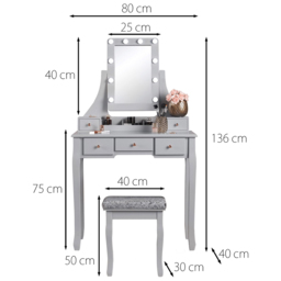 CARME Home Arianna 5 Drawer Grey Hollywood Mirror Light Deluxe Dressing Table - Size: 46 x 88.5 x 45.5cm - Wilko - thumbnail 7