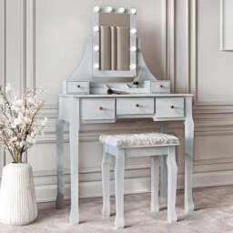 CARME Home Arianna 5 Drawer Grey Hollywood Mirror Light Deluxe Dressing Table - Size: 46 x 88.5 x 45.5cm - Wilko - thumbnail 1
