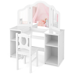 Costway White Kids Makeup Set with Tri Folding Detachable Mirror - Size: 76 x 57 x 26cm - Wilko