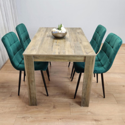 Portland 4 Seater Velvet Dining Set Wood Effect and Green - Multi - Wilko